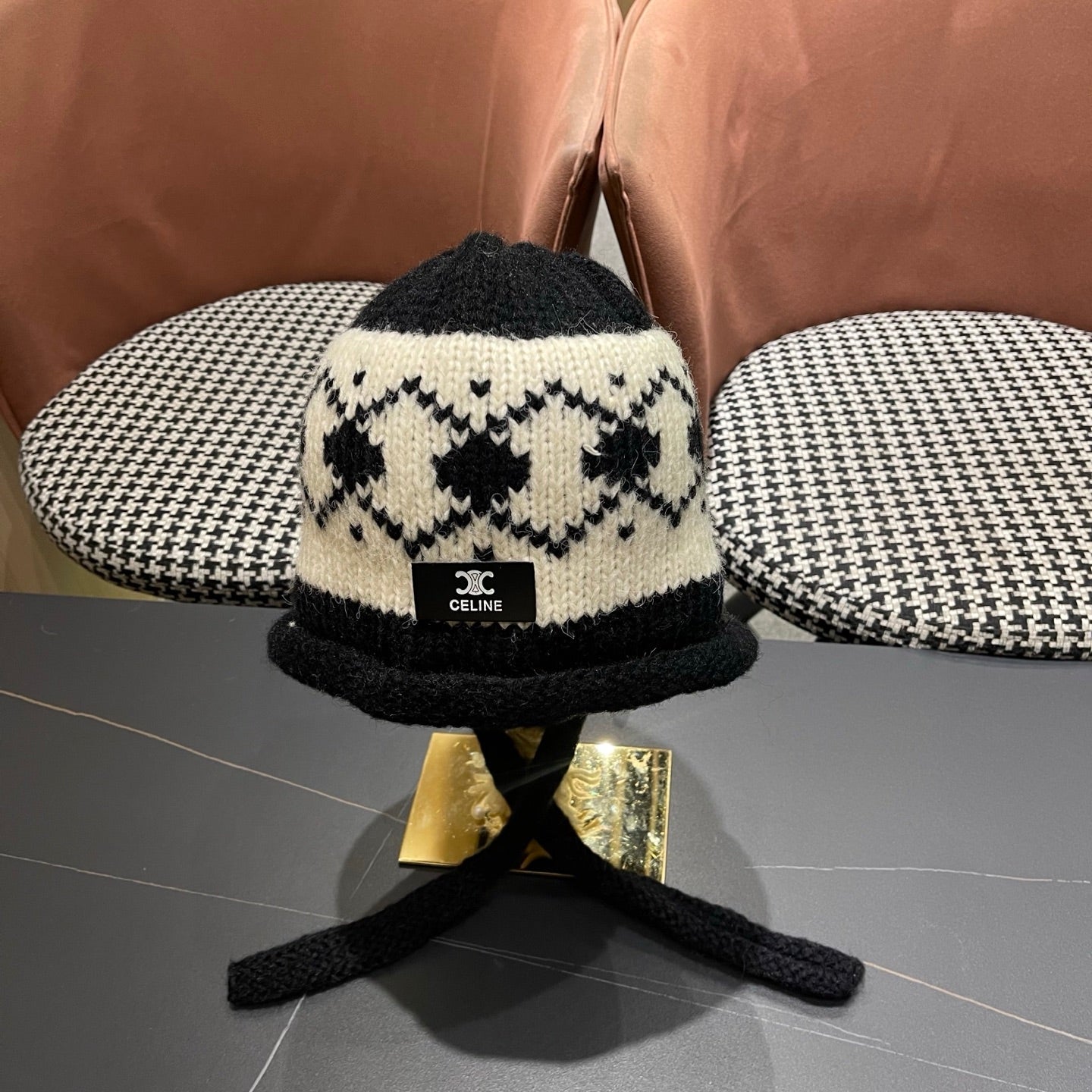 Celine 25 Fair Isle Black Knitted Tie-Wrap Wool Hat 980014