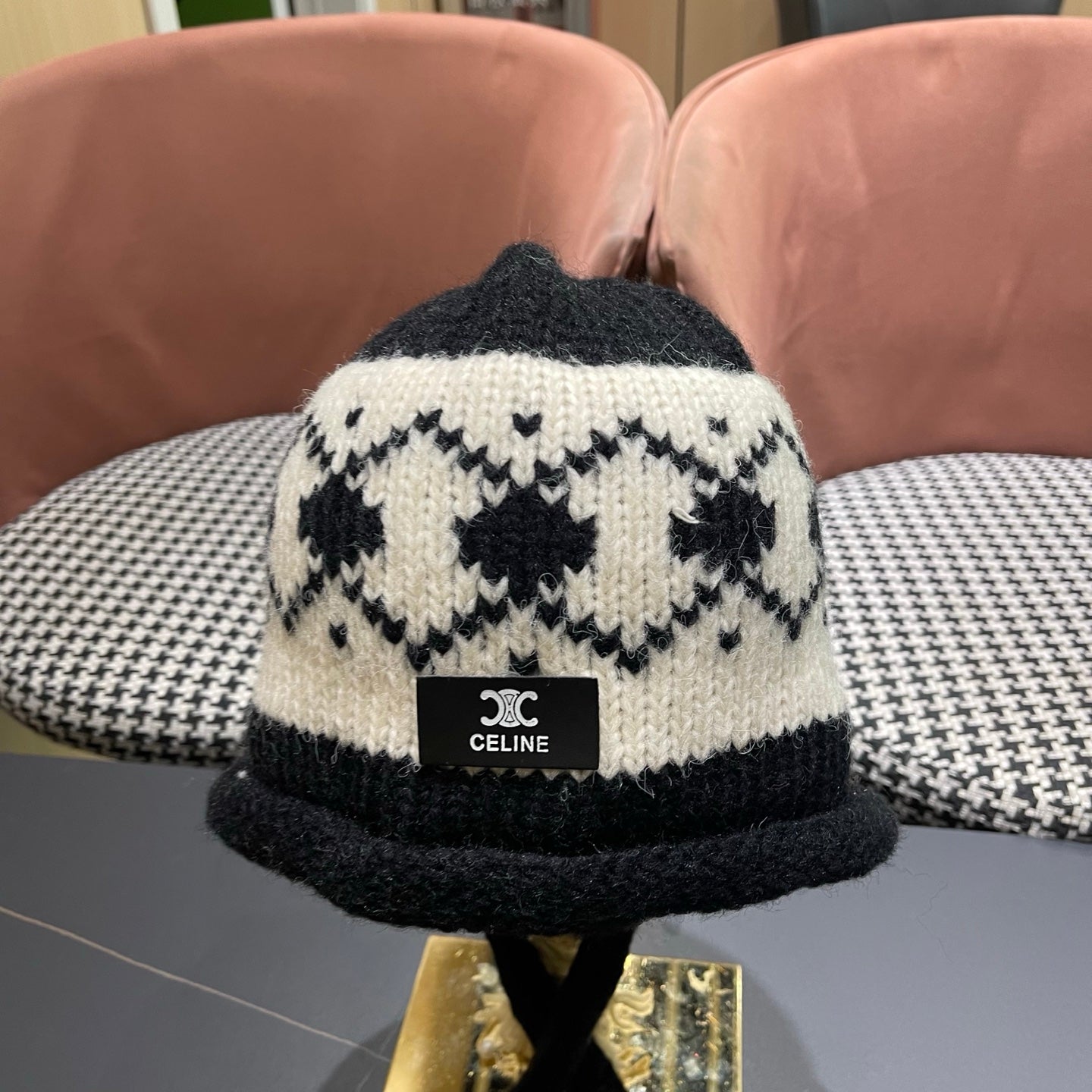 Celine 25 Fair Isle Black Knitted Tie-Wrap Wool Hat 980014