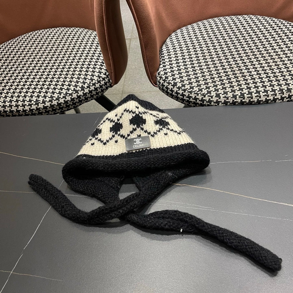 Celine 25 Fair Isle Black Knitted Tie-Wrap Wool Hat 980014