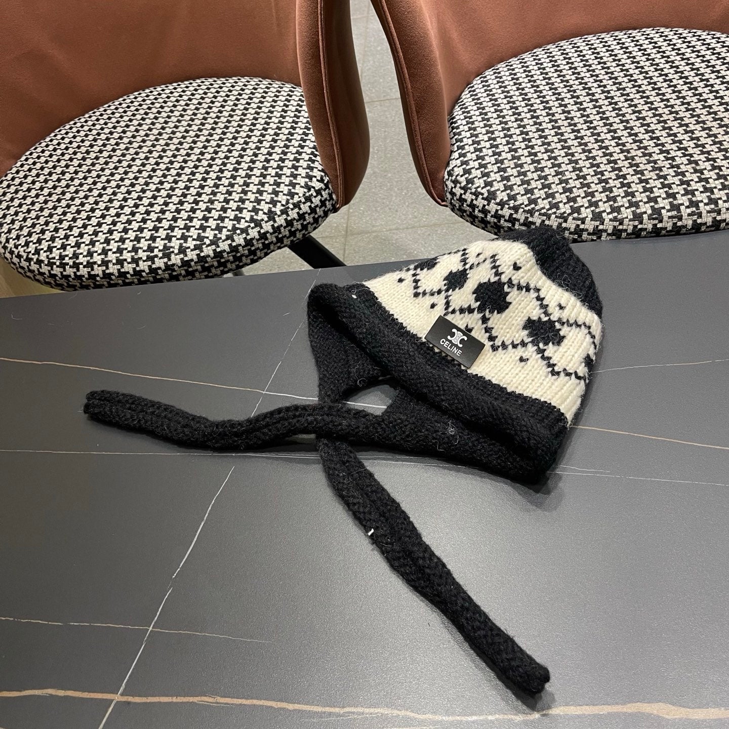 Celine 25 Fair Isle Black Knitted Tie-Wrap Wool Hat 980014