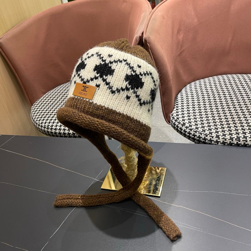 Celine 25 Fair Isle Brown Knitted Tie-Wrap Wool Hat 980015