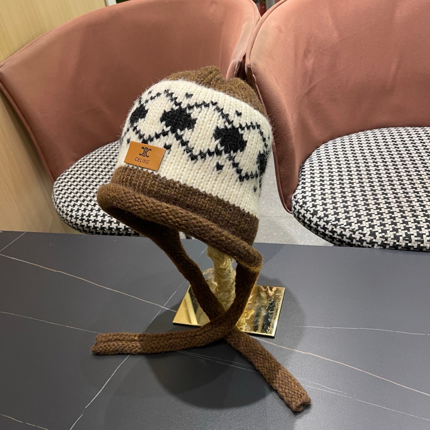 Celine 25 Fair Isle Brown Knitted Tie-Wrap Wool Hat 980015