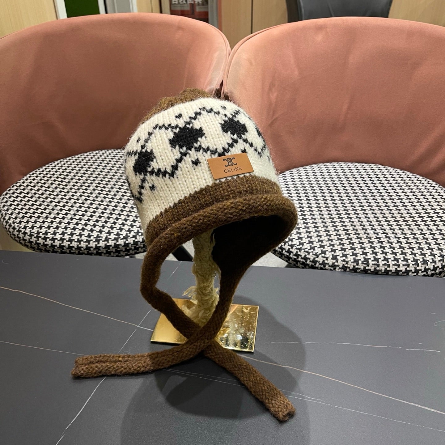 Celine 25 Fair Isle Brown Knitted Tie-Wrap Wool Hat 980015
