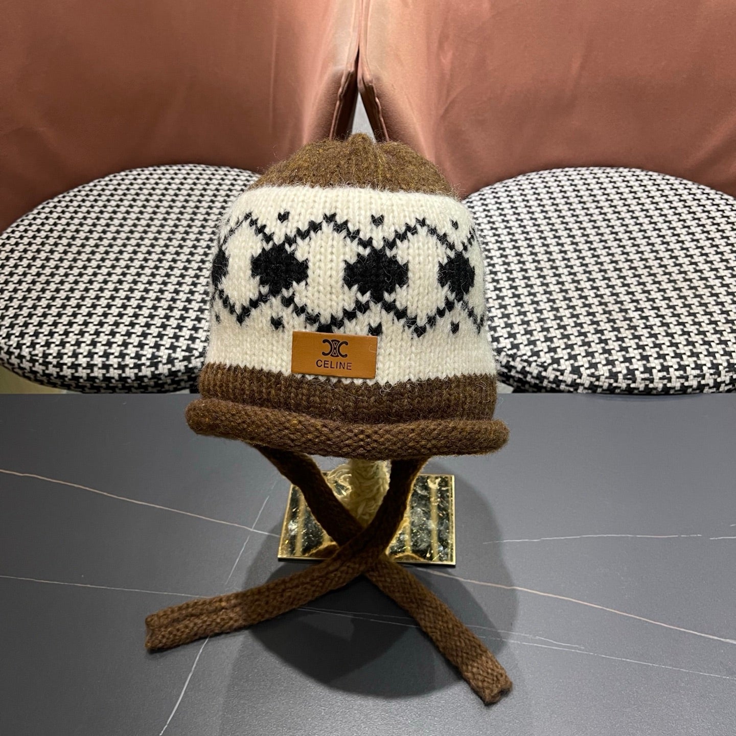 Celine 25 Fair Isle Brown Knitted Tie-Wrap Wool Hat 980015