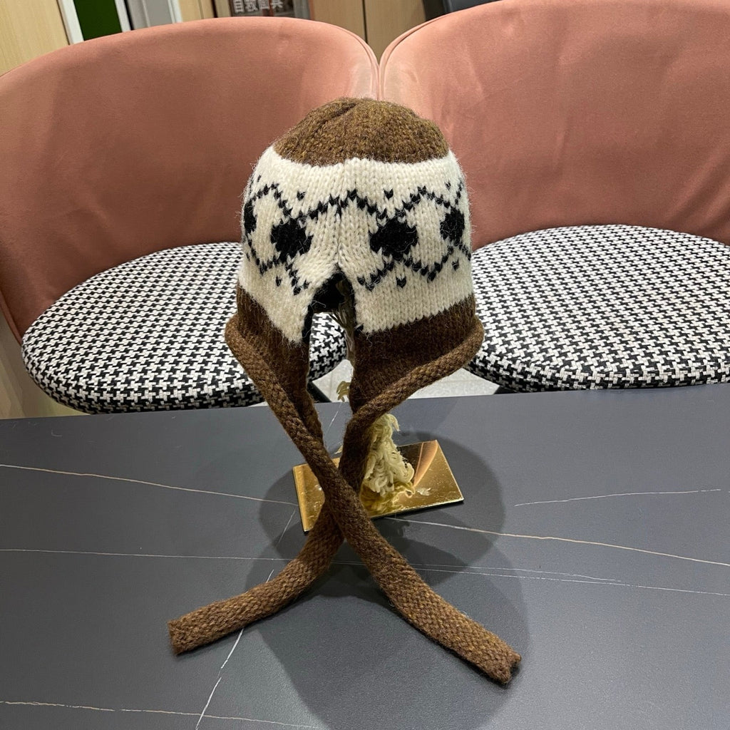 Celine 25 Fair Isle Brown Knitted Tie-Wrap Wool Hat 980015