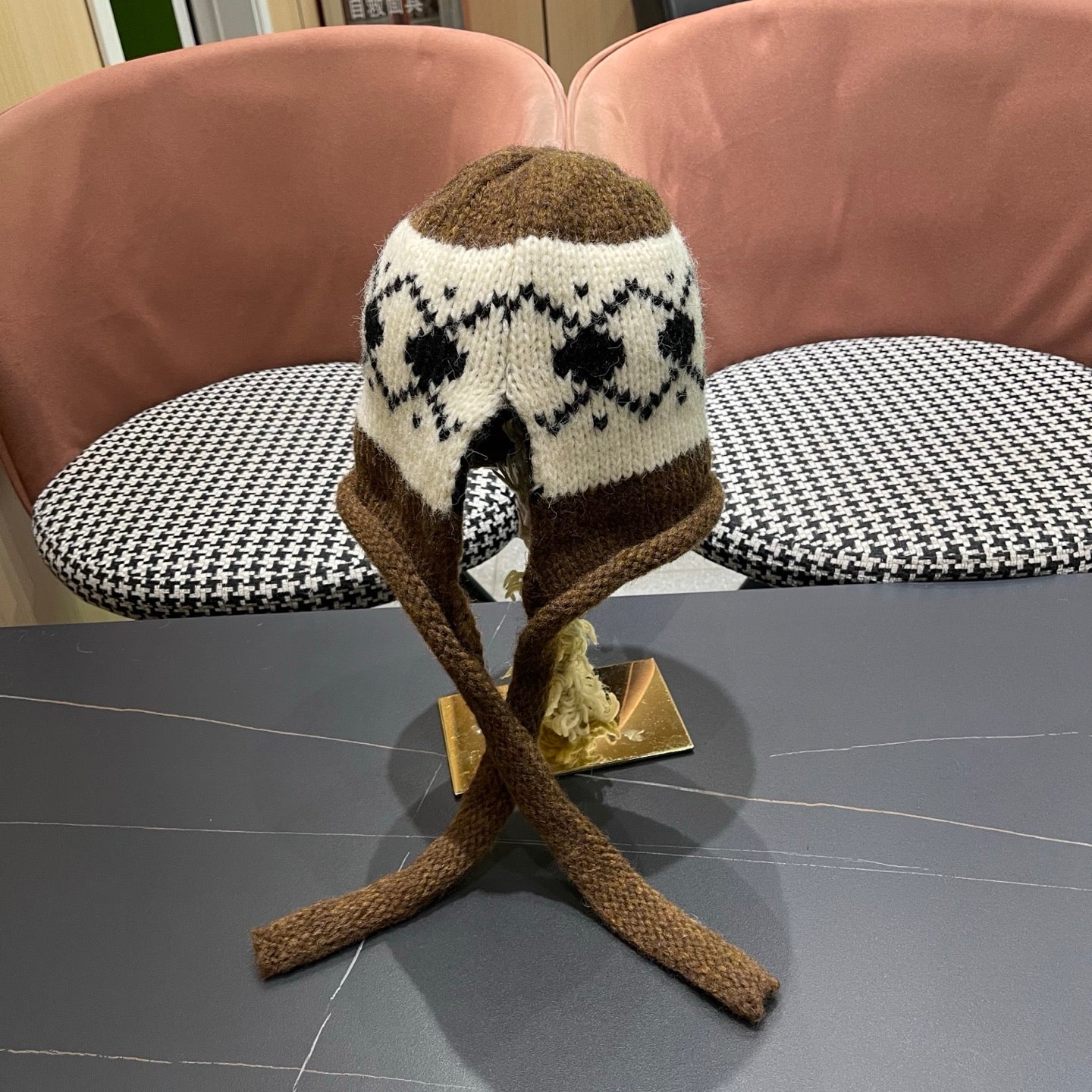 Celine 25 Fair Isle Brown Knitted Tie-Wrap Wool Hat 980015