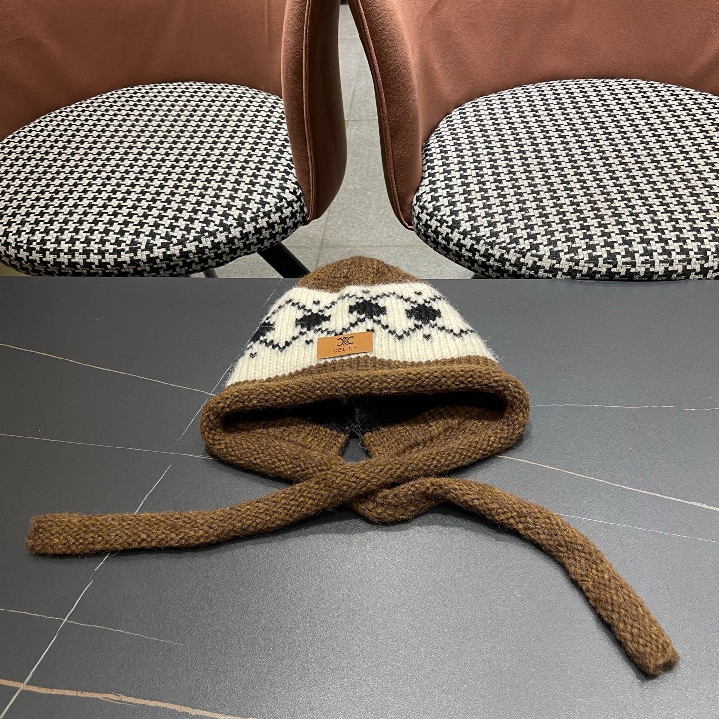 Celine 25 Fair Isle Brown Knitted Tie-Wrap Wool Hat 980015