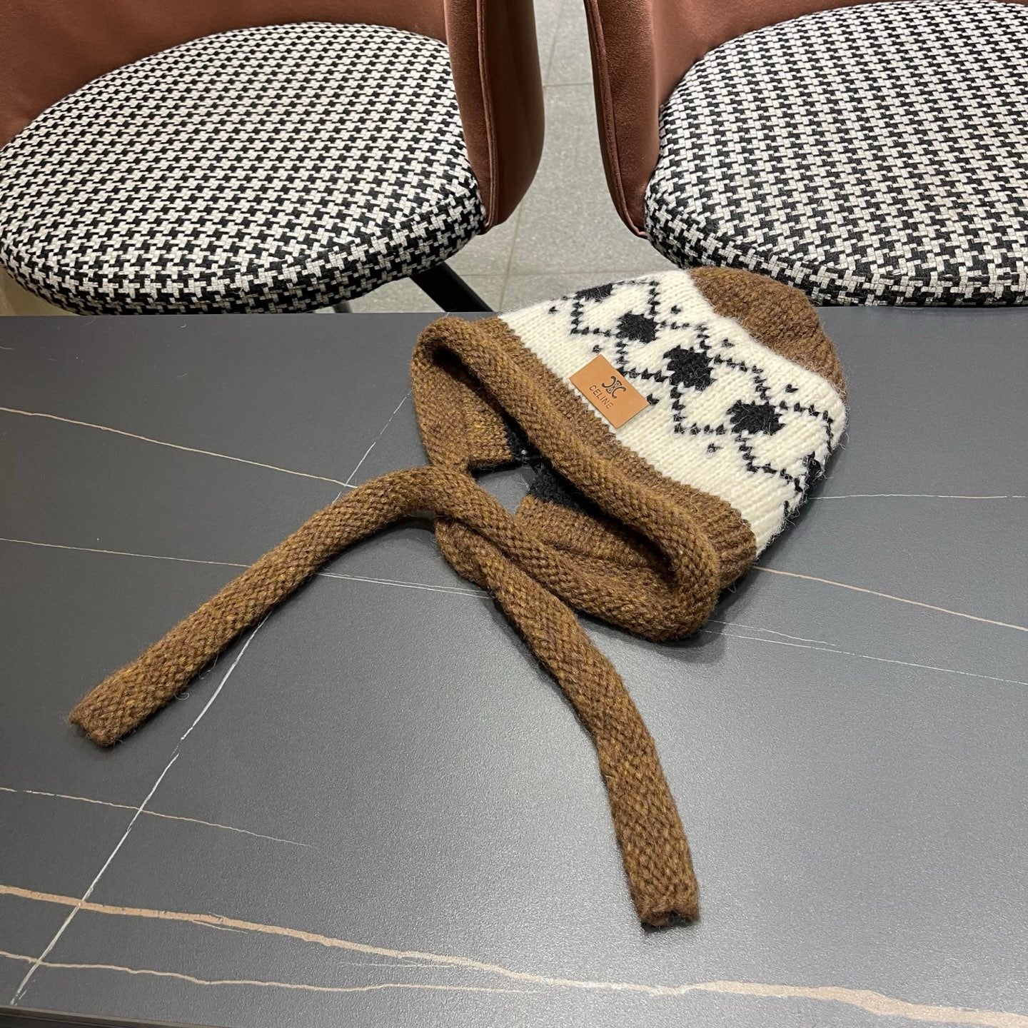Celine 25 Fair Isle Brown Knitted Tie-Wrap Wool Hat 980015