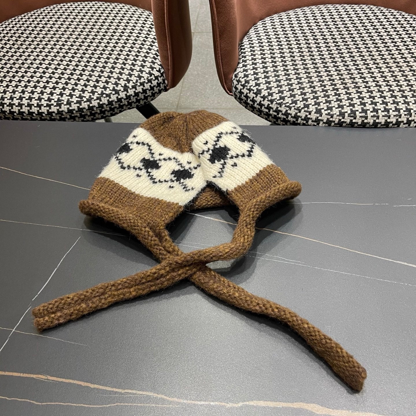 Celine 25 Fair Isle Brown Knitted Tie-Wrap Wool Hat 980015