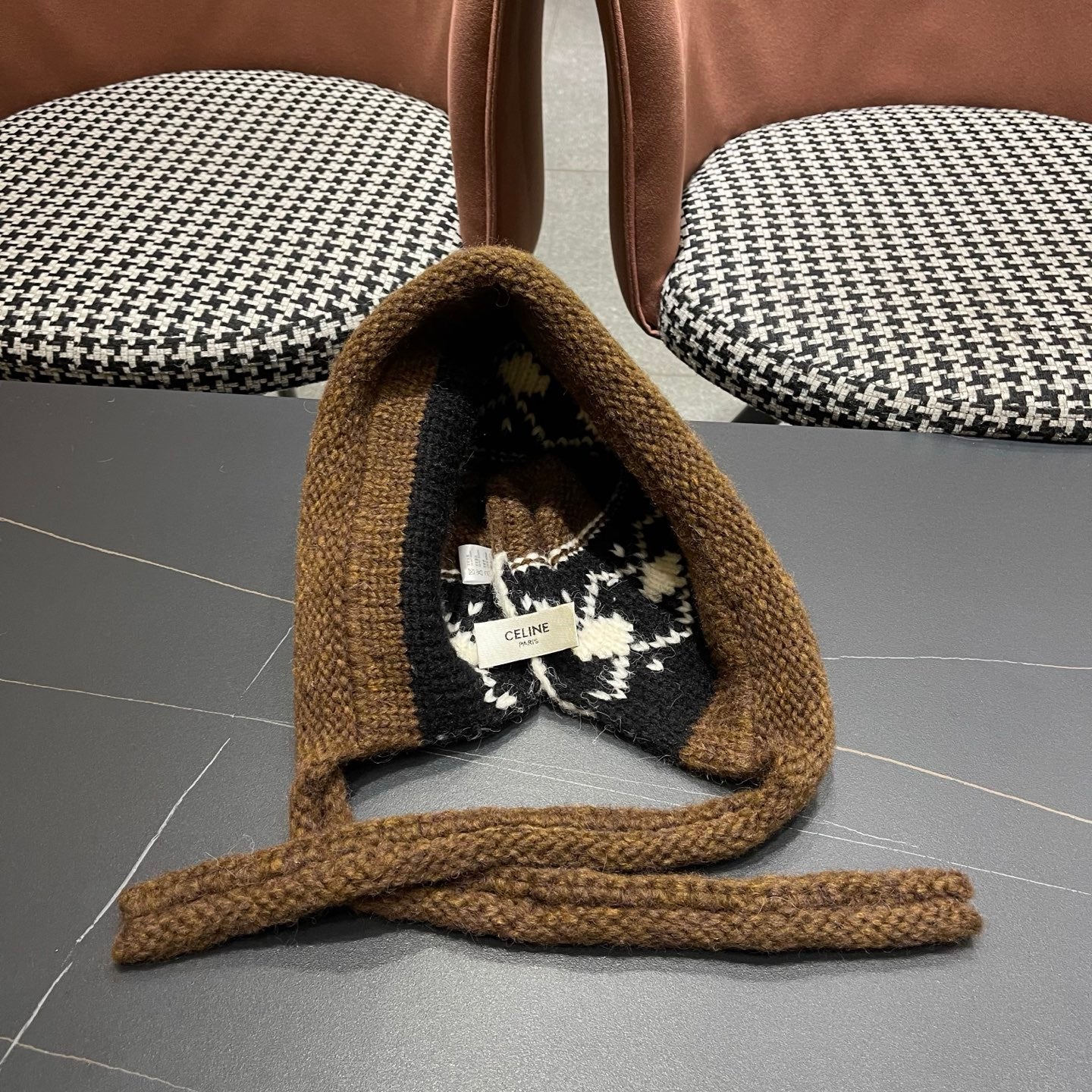 Celine 25 Fair Isle Brown Knitted Tie-Wrap Wool Hat 980015