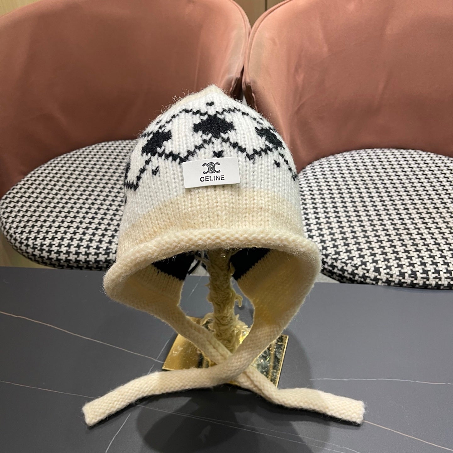 Celine 25 Fair Isle Cream Knitted Tie-Wrap Wool Hat 980016