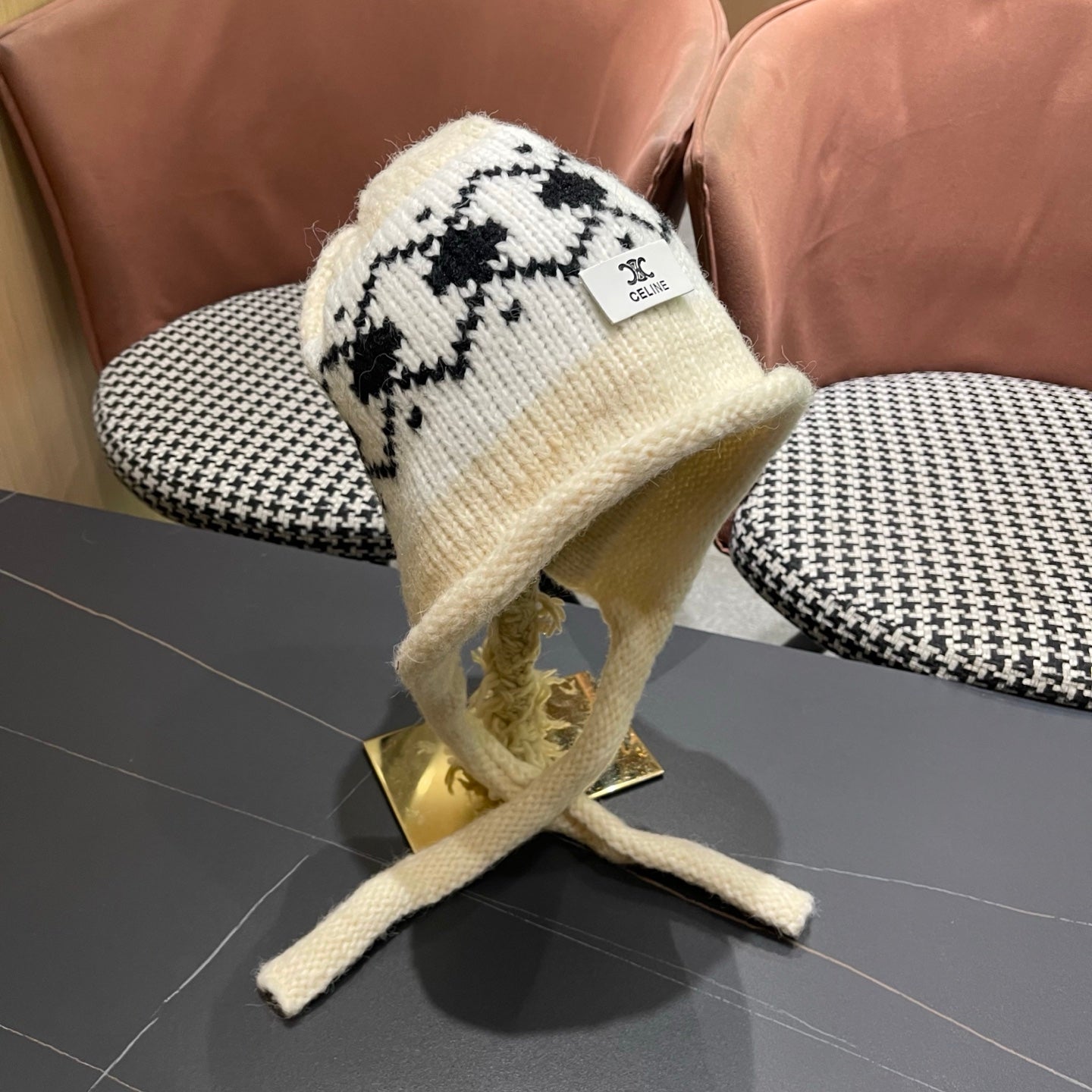 Celine 25 Fair Isle Cream Knitted Tie-Wrap Wool Hat 980016