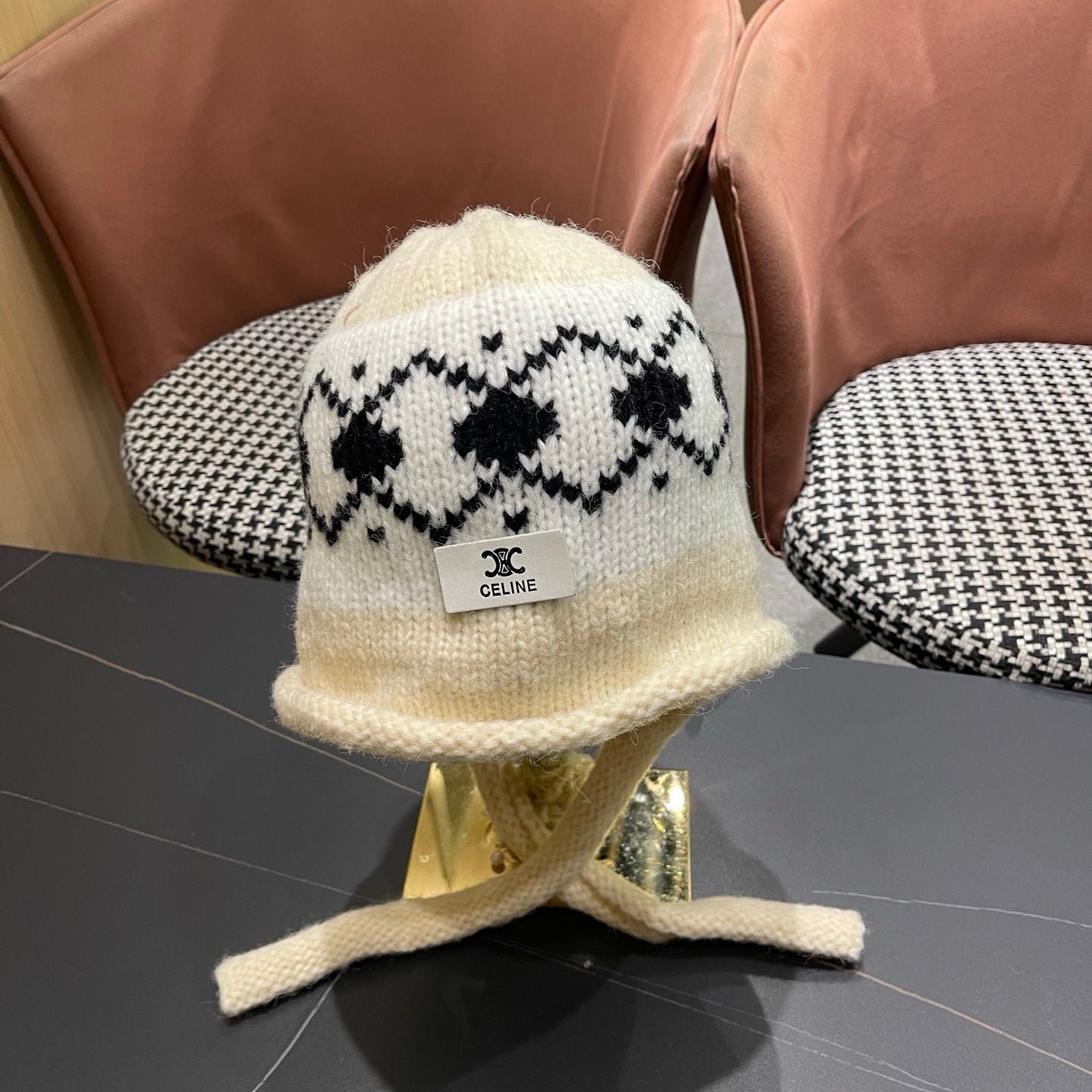 Celine 25 Fair Isle Cream Knitted Tie-Wrap Wool Hat 980016