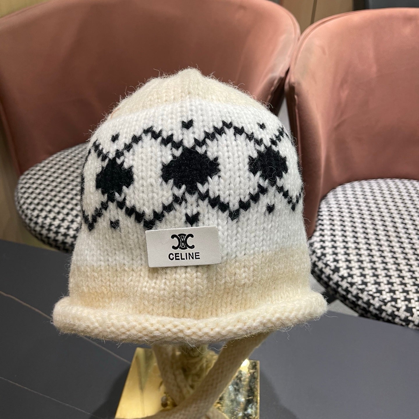 Celine 25 Fair Isle Cream Knitted Tie-Wrap Wool Hat 980016