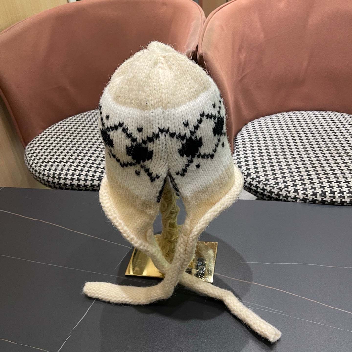 Celine 25 Fair Isle Cream Knitted Tie-Wrap Wool Hat 980016