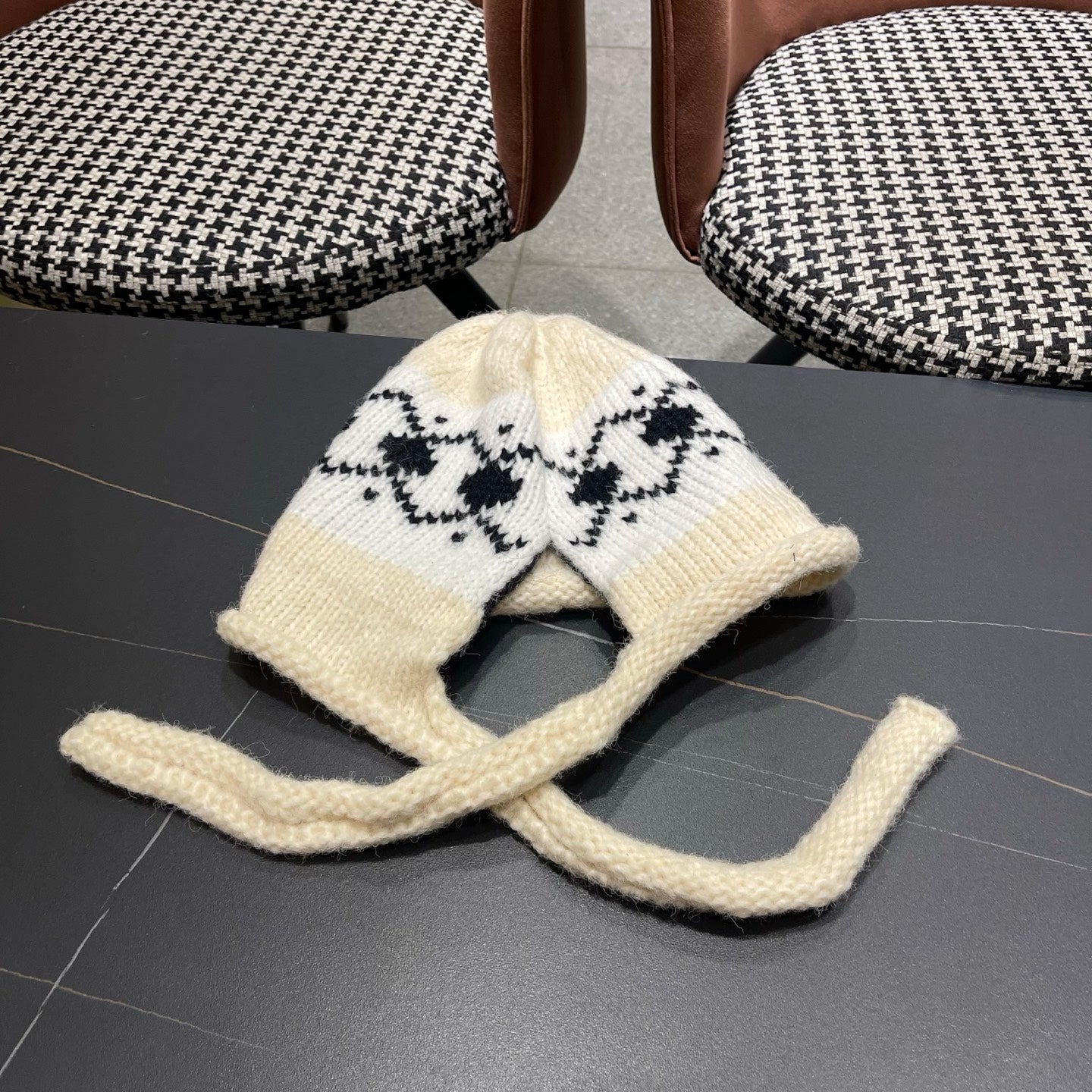 Celine 25 Fair Isle Cream Knitted Tie-Wrap Wool Hat 980016