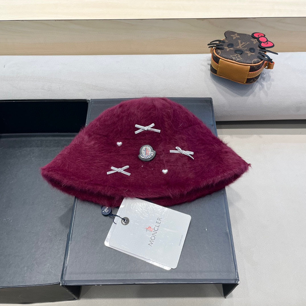 Moncler Cute Bunny Fur Heart Pearl Fisherman's Hat in Burgundy 980324