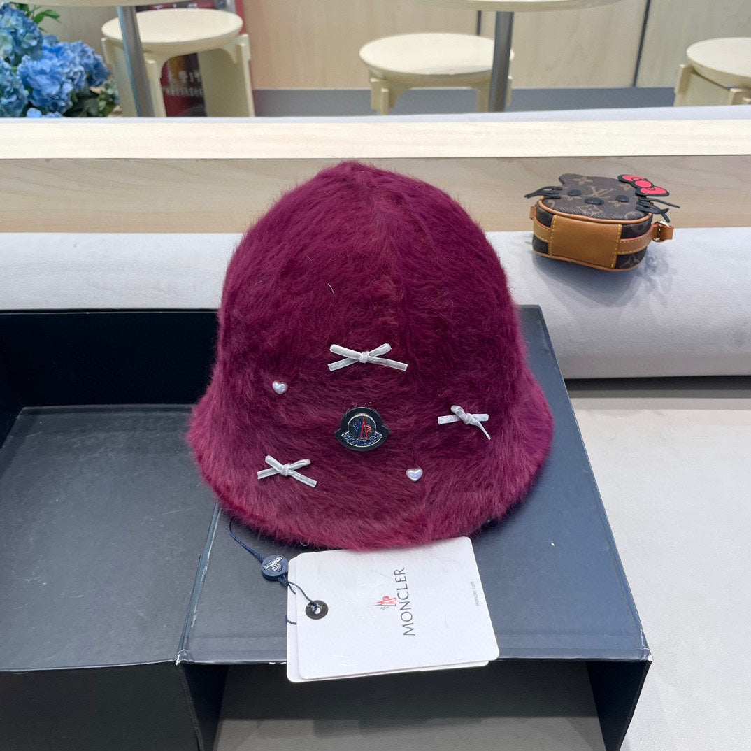 Moncler Cute Bunny Fur Heart Pearl Fisherman's Hat in Burgundy 980324