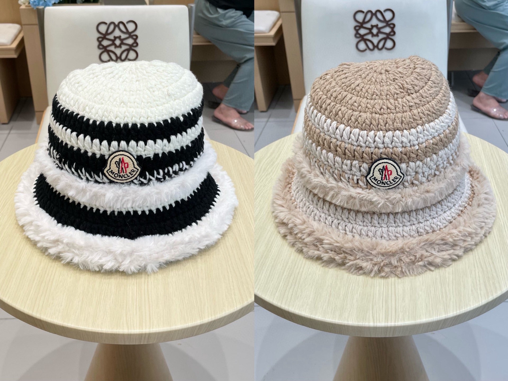 Moncler New Patchwork White Black Plush  Bucket Hat 980317