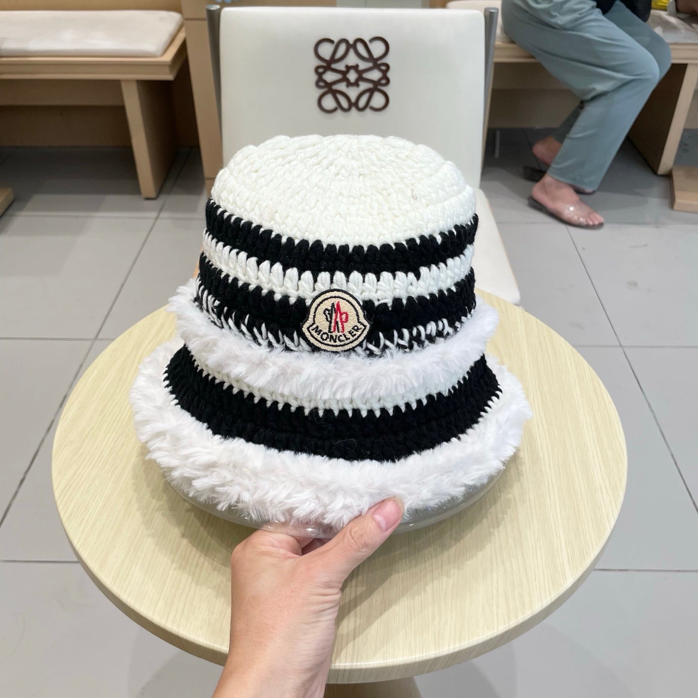 Moncler New Patchwork White Black Plush  Bucket Hat 980317
