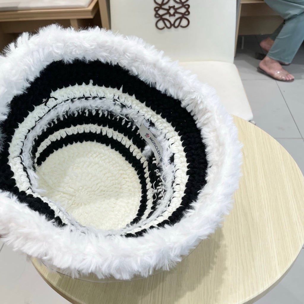 Moncler New Patchwork White Black Plush  Bucket Hat 980317