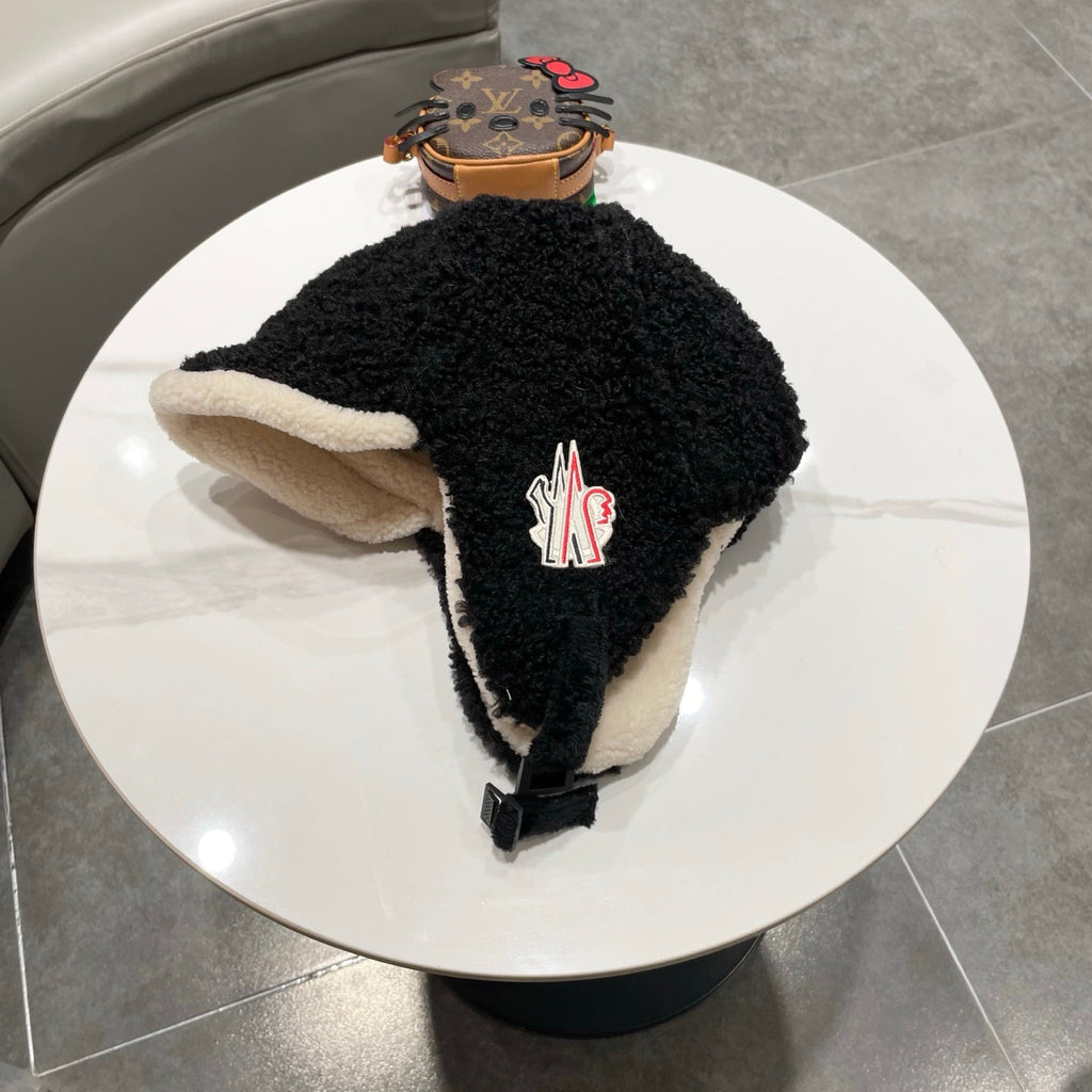 Moncler Winter Lambswool Thickened Earflap Black Hat 980314