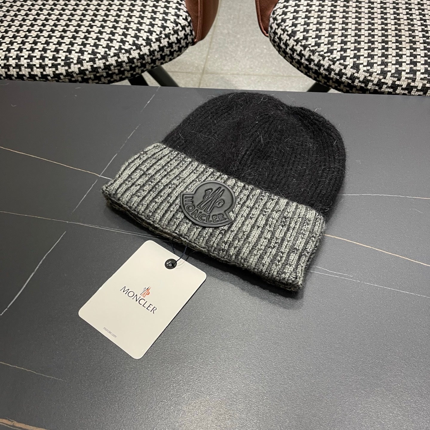 Moncler Korean Style Fleece-Lined Black White Knitted Beanie 980072