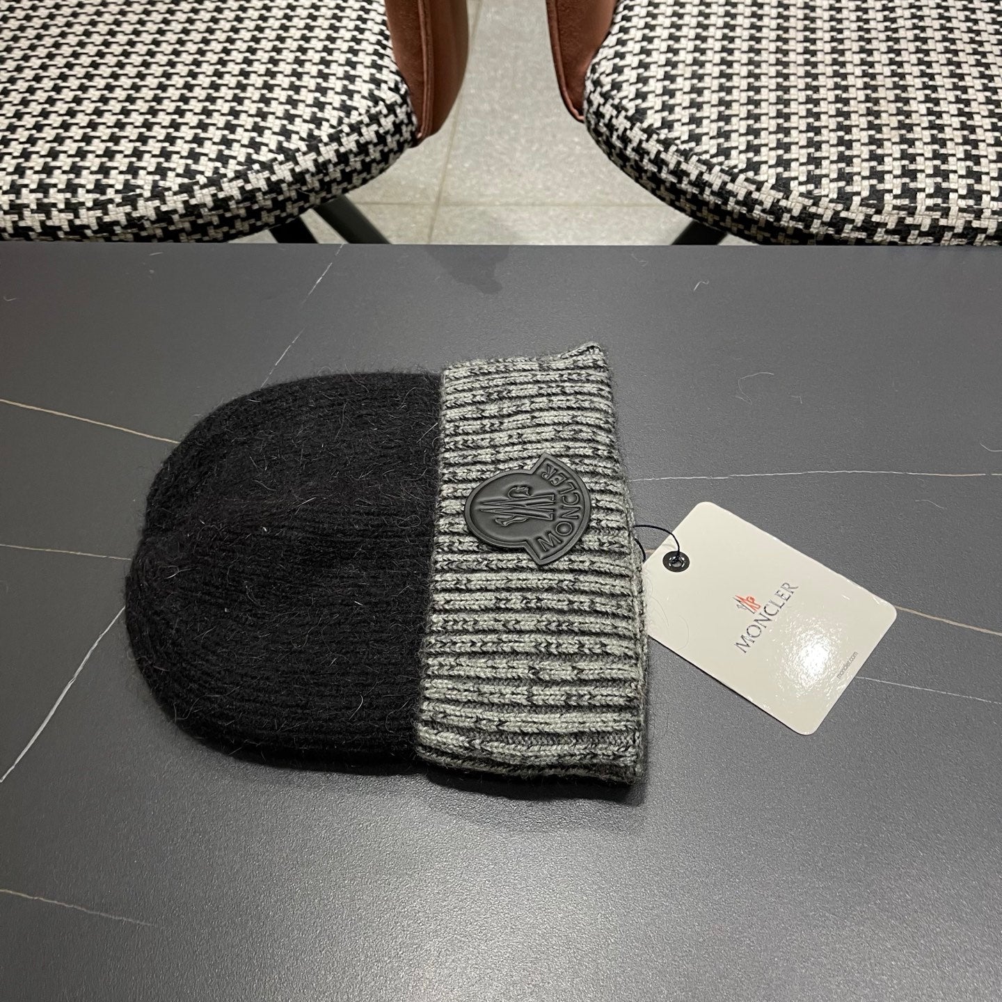 Moncler Korean Style Fleece-Lined Black White Knitted Beanie 980072
