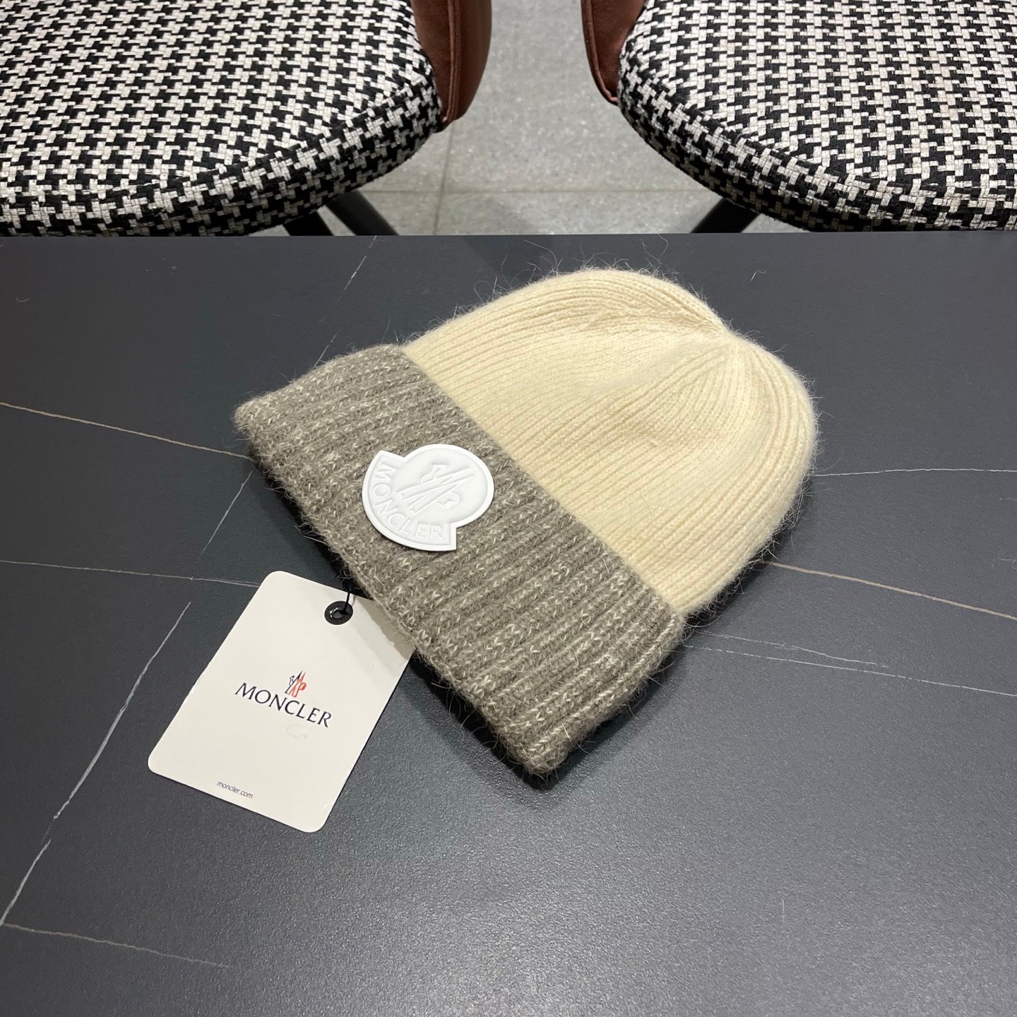 Moncler Korean Style Fleece-Lined Beige mix Grey Knitted Beanie 980073