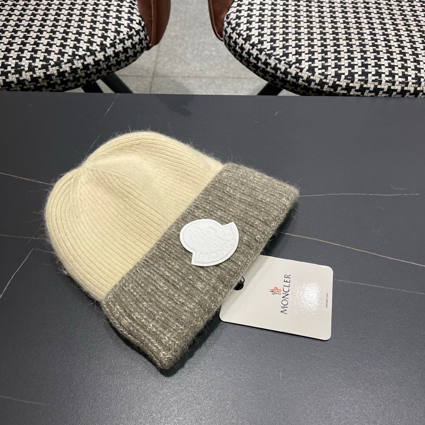 Moncler Korean Style Fleece-Lined Beige mix Grey Knitted Beanie 980073