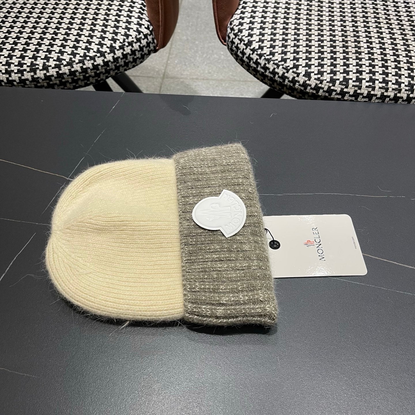 Moncler Korean Style Fleece-Lined Beige mix Grey Knitted Beanie 980073