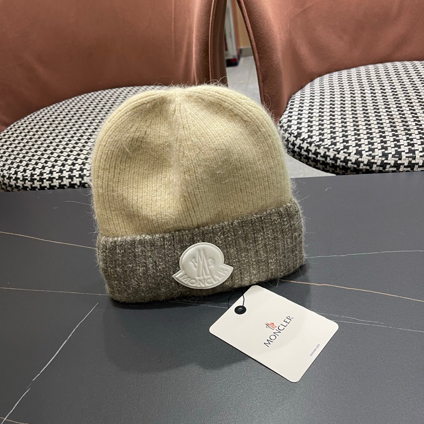 Moncler Korean Style Fleece-Lined Beige mix Grey Knitted Beanie 980073