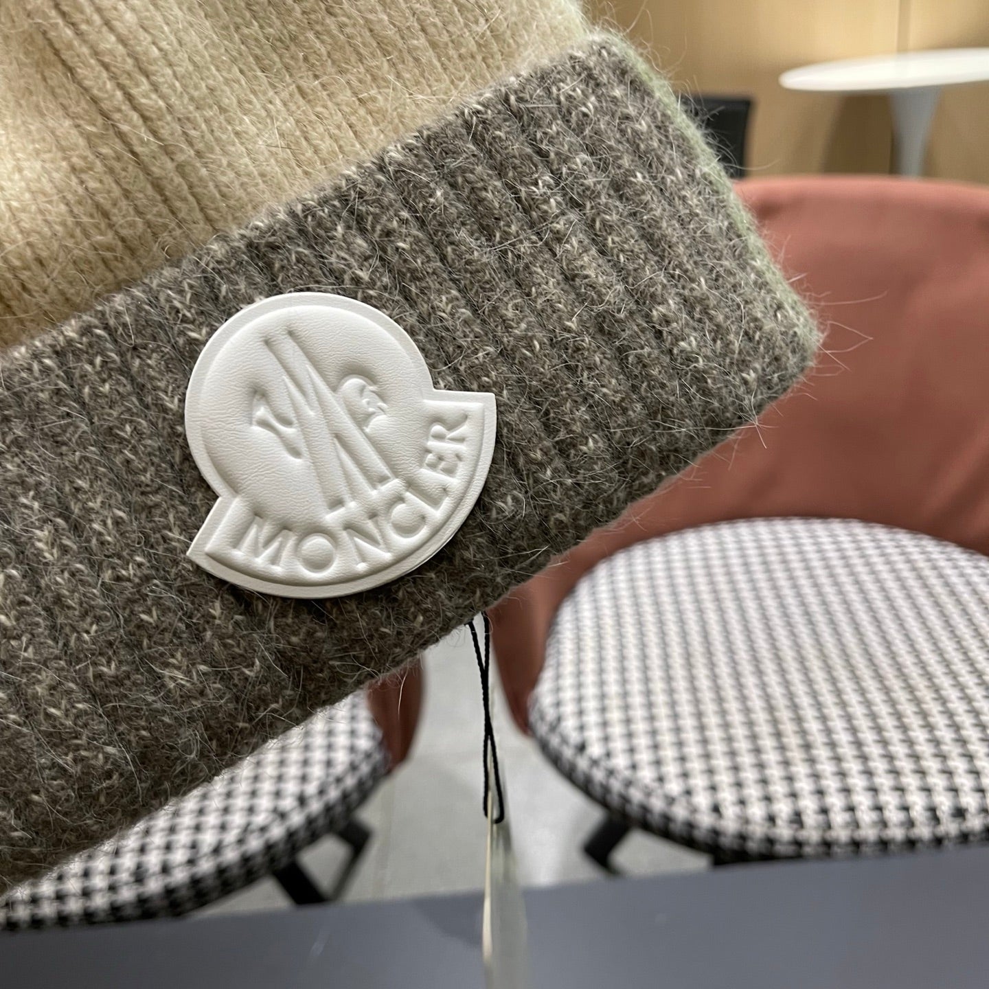 Moncler Korean Style Fleece-Lined Beige mix Grey Knitted Beanie 980073