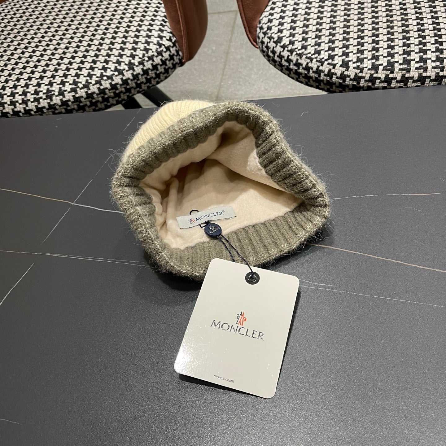 Moncler Korean Style Fleece-Lined Beige mix Grey Knitted Beanie 980073