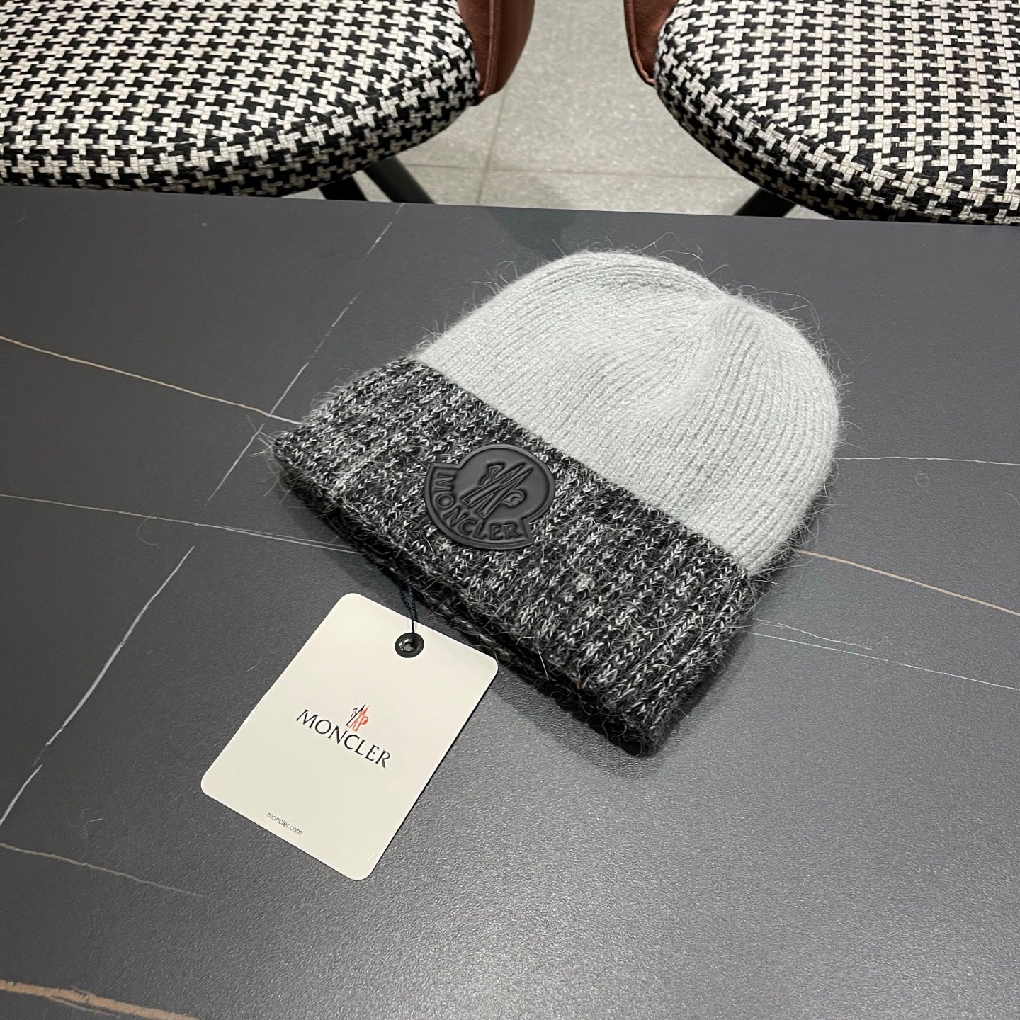 Moncler Korean Style Fleece-Lined Melange Grey Knitted Beanie 980074