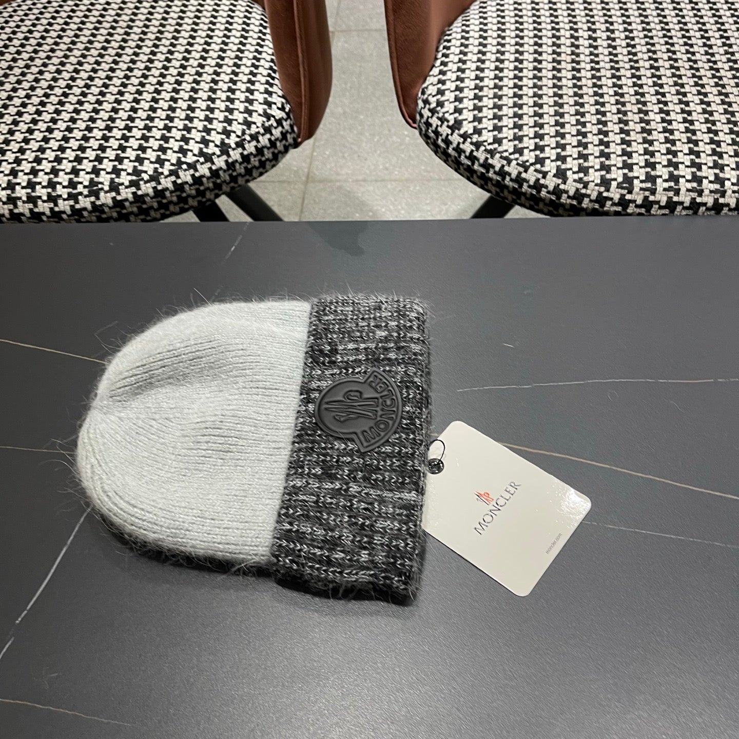 Moncler Korean Style Fleece-Lined Melange Grey Knitted Beanie 980074