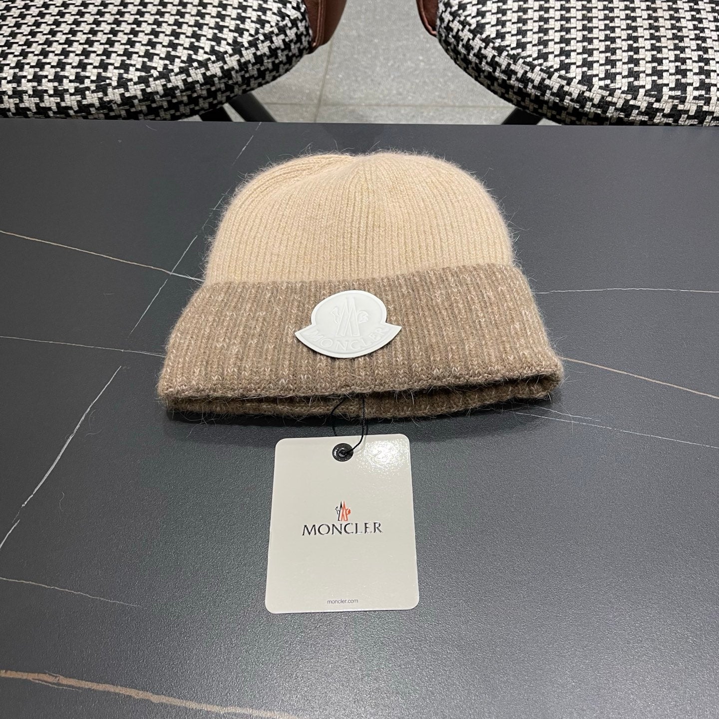 Moncler Korean Style Fleece-Lined Taupe Knitted Beanie 980075