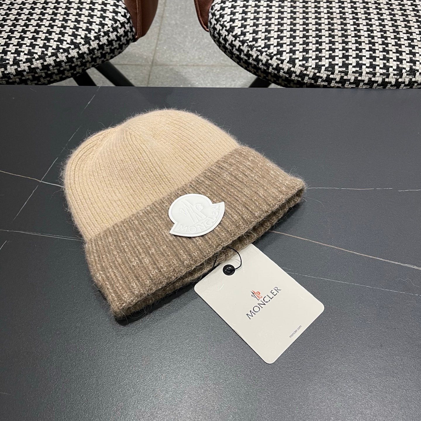 Moncler Korean Style Fleece-Lined Taupe Knitted Beanie 980075