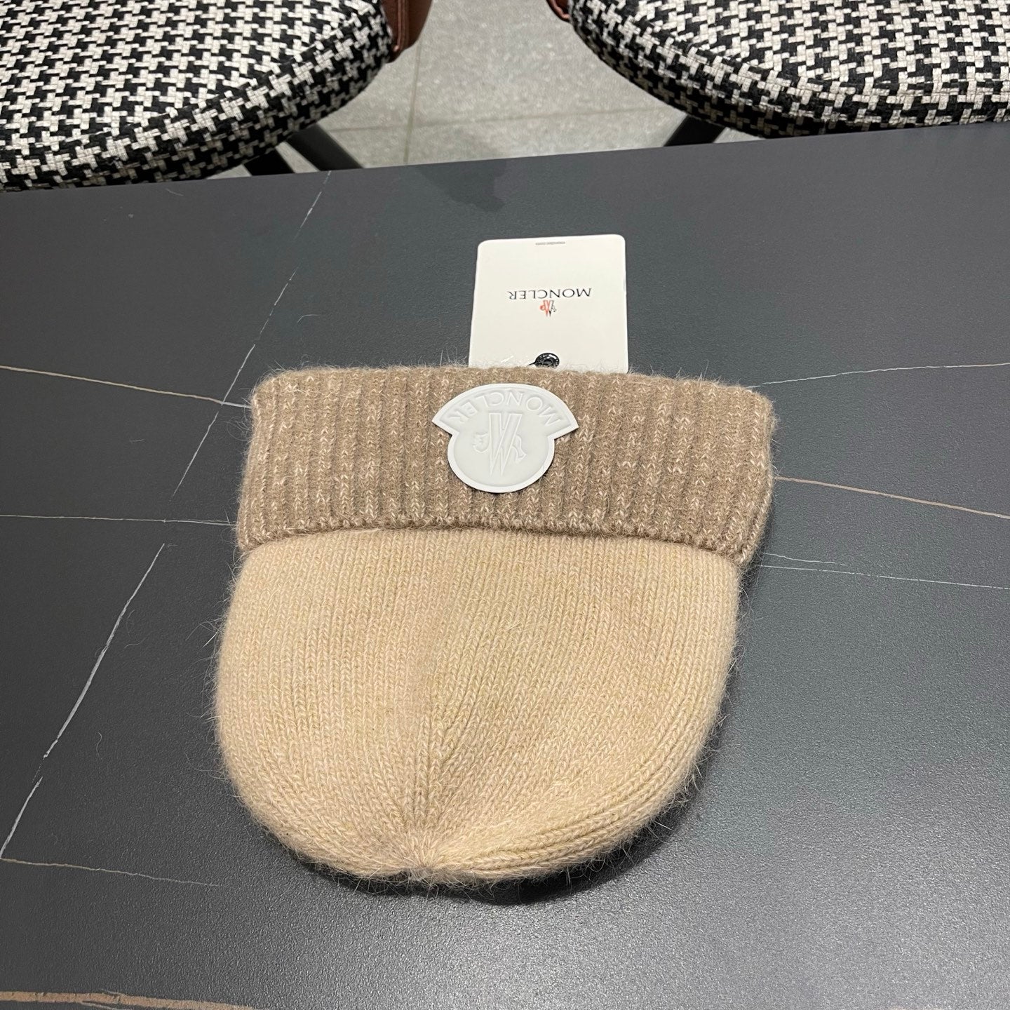 Moncler Korean Style Fleece-Lined Taupe Knitted Beanie 980075