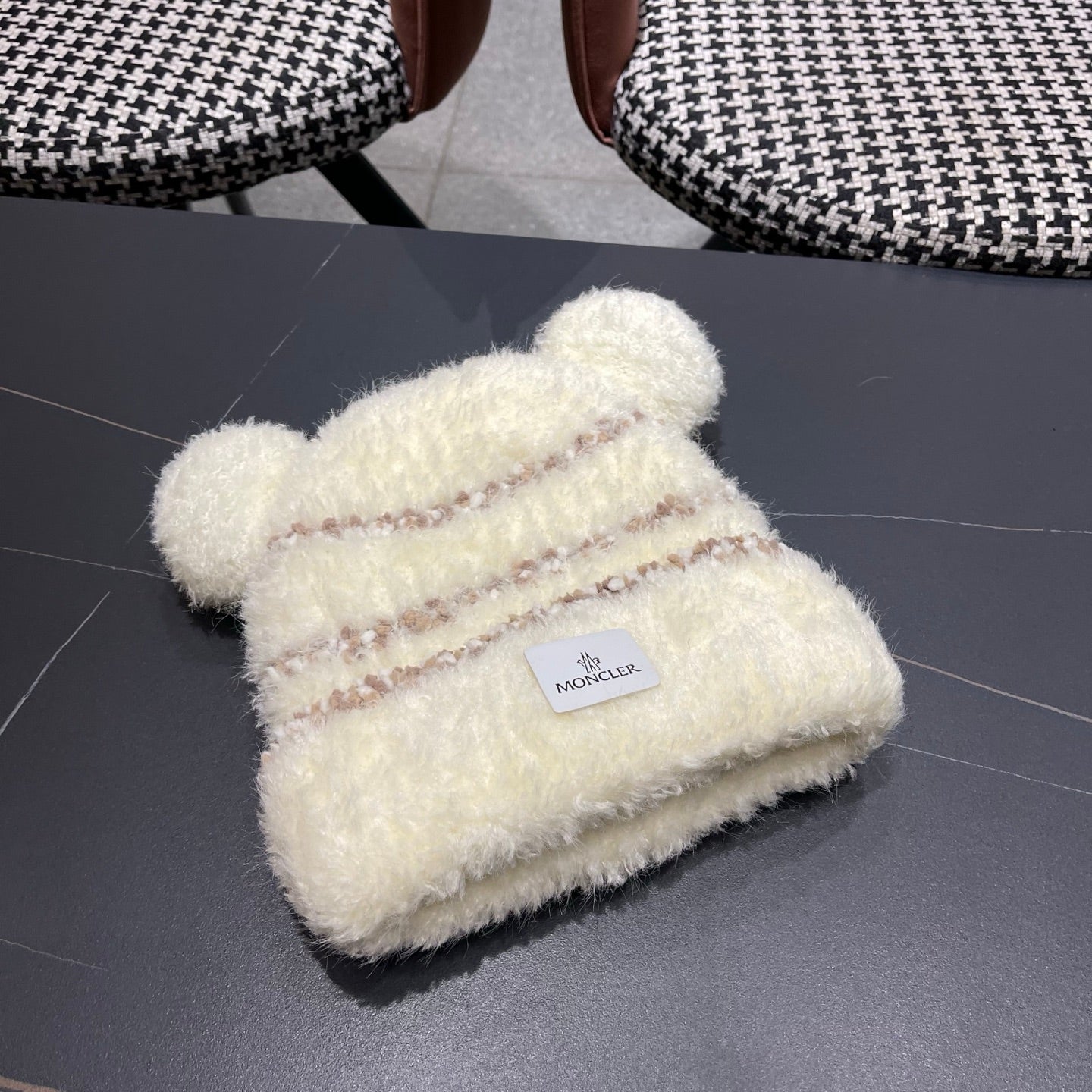 Moncler Cute Bear Fleece-Lined Warm Knitted White Hat 980004