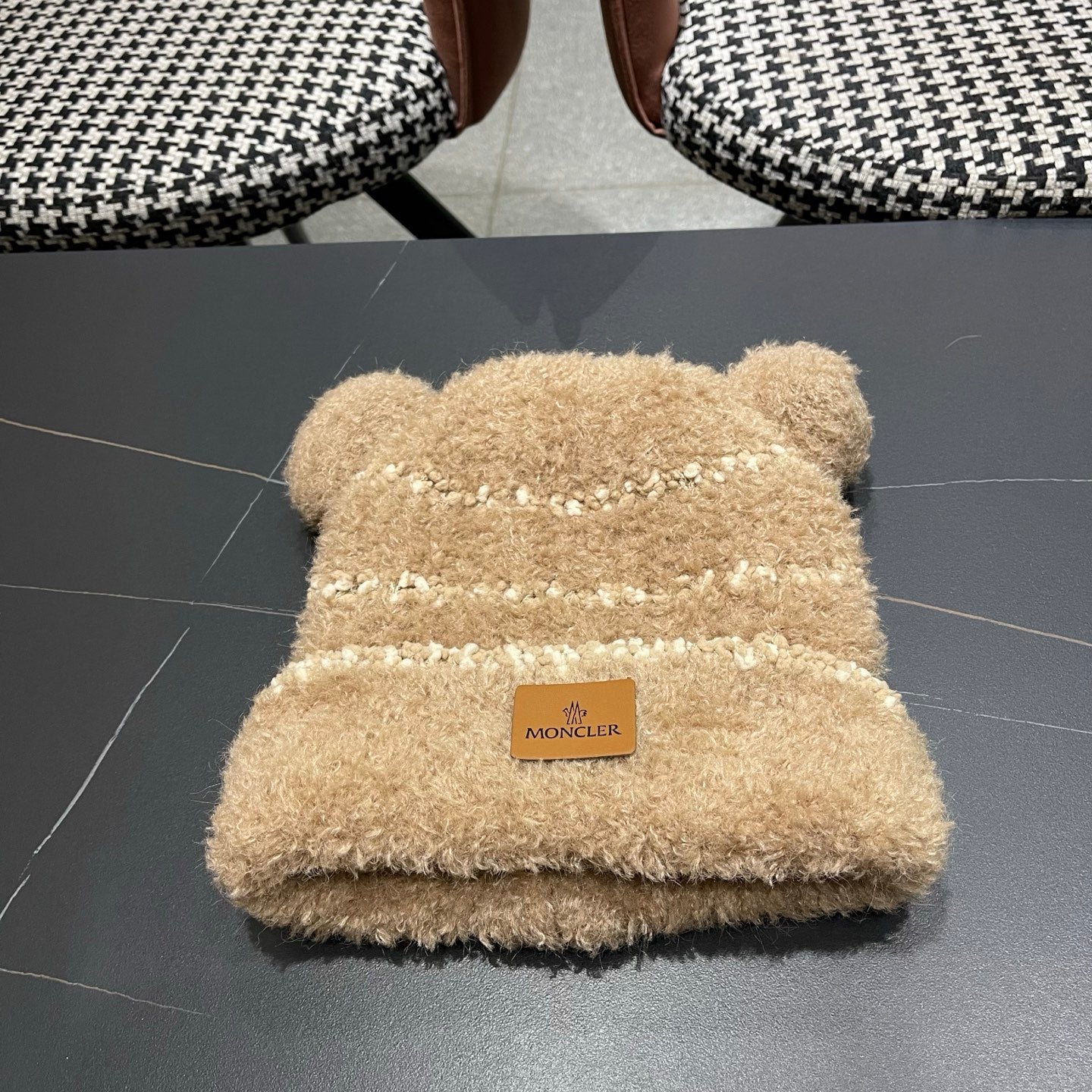 Moncler Cute Bear Fleece-Lined Warm Knitted Brown Hat 980002