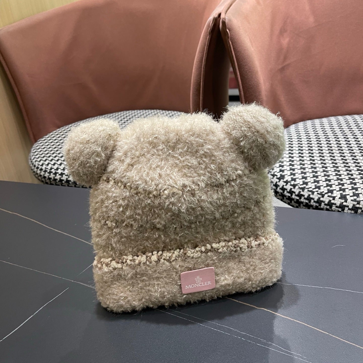 Moncler Cute Bear Fleece-Lined Warm Knitted Beige Hat 980001