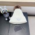 Prada Fleece-Lined Thick Real Fox Fur Pom-Pom Knitted White Hat 125677