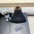 Prada Fleece-Lined Thick Real Fox Fur Pom-Pom Knitted Black Hat 125676