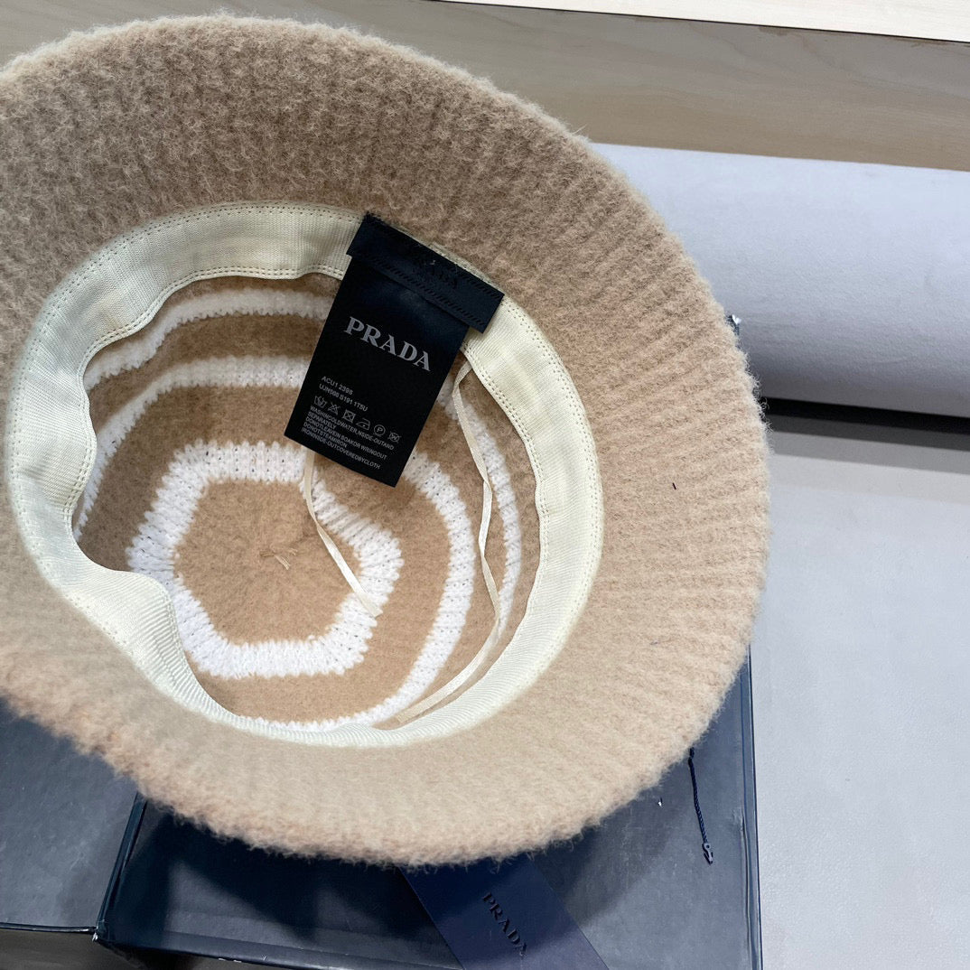 Prada Plush Bucket Hat Beige Knitted Woolen Fabric 125670