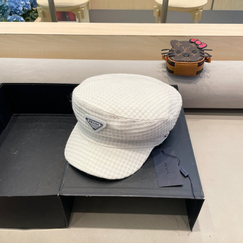 Prada Elegant Hat White Knitted Woolen Fabric 125658