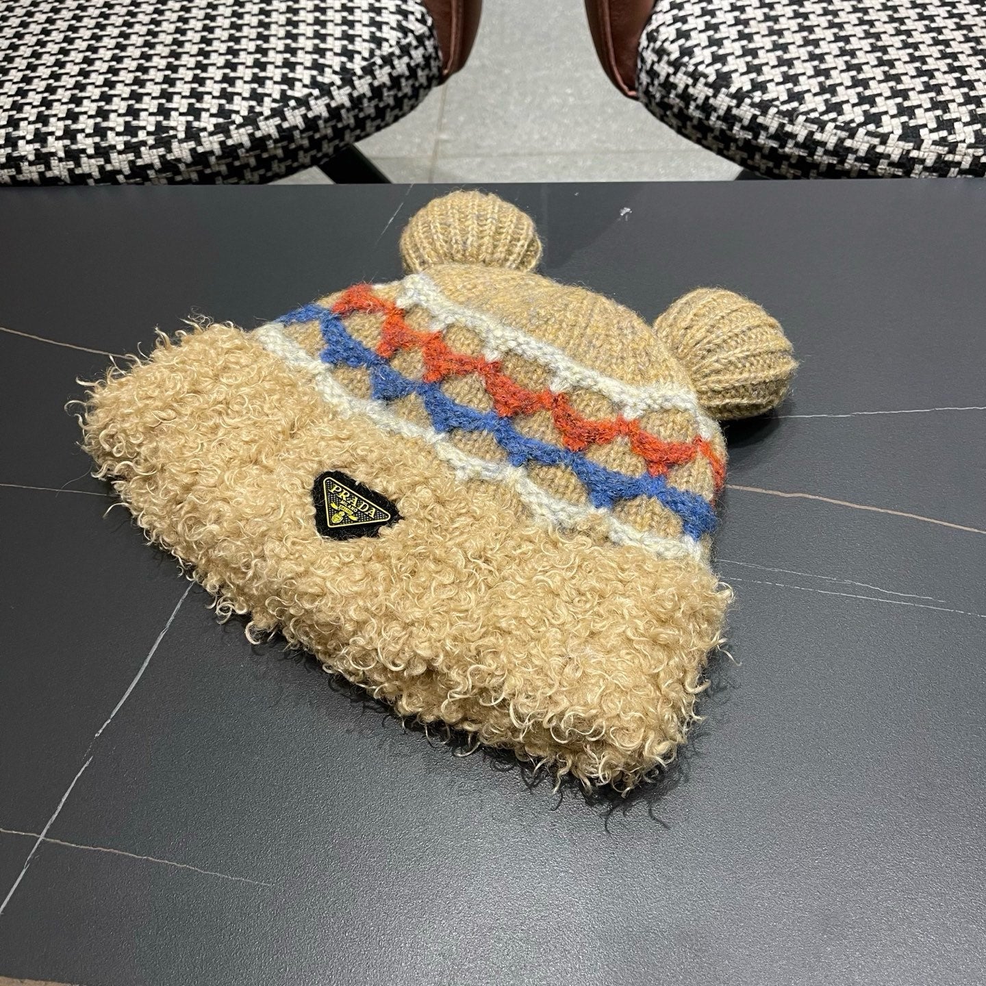 Prada 25 Cute Bear Ears Hat Brown Multicolor Knitted Woolen Fabric 125504
