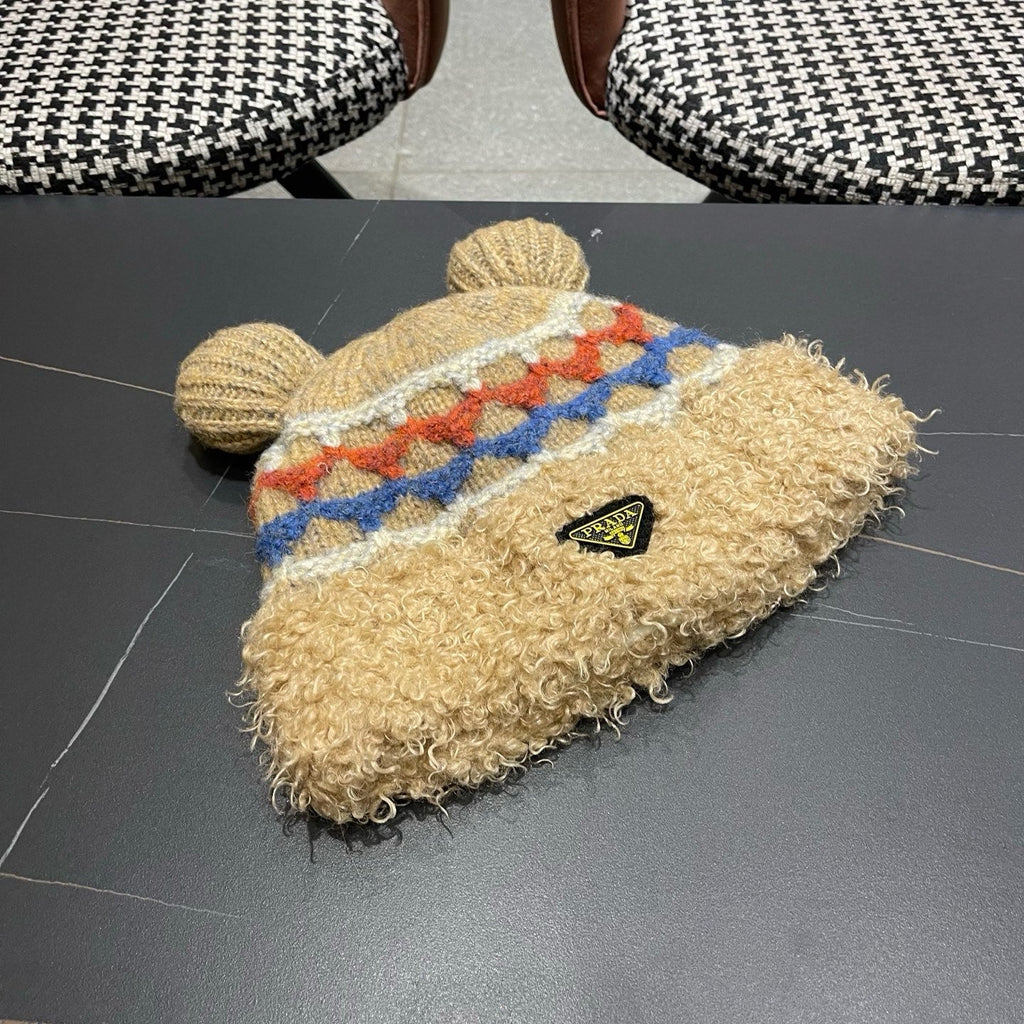 Prada 25 Cute Bear Ears Hat Brown Multicolor Knitted Woolen Fabric 125504