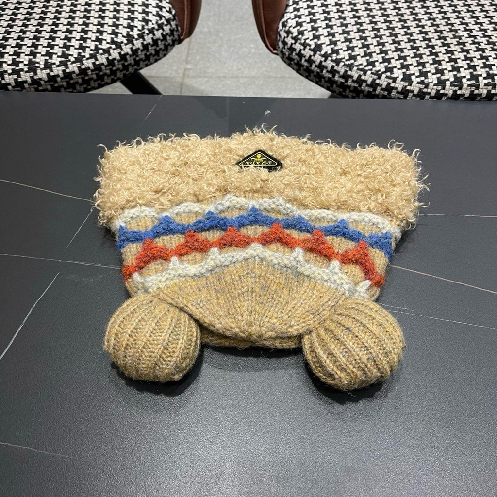 Prada 25 Cute Bear Ears Hat Brown Multicolor Knitted Woolen Fabric 125504