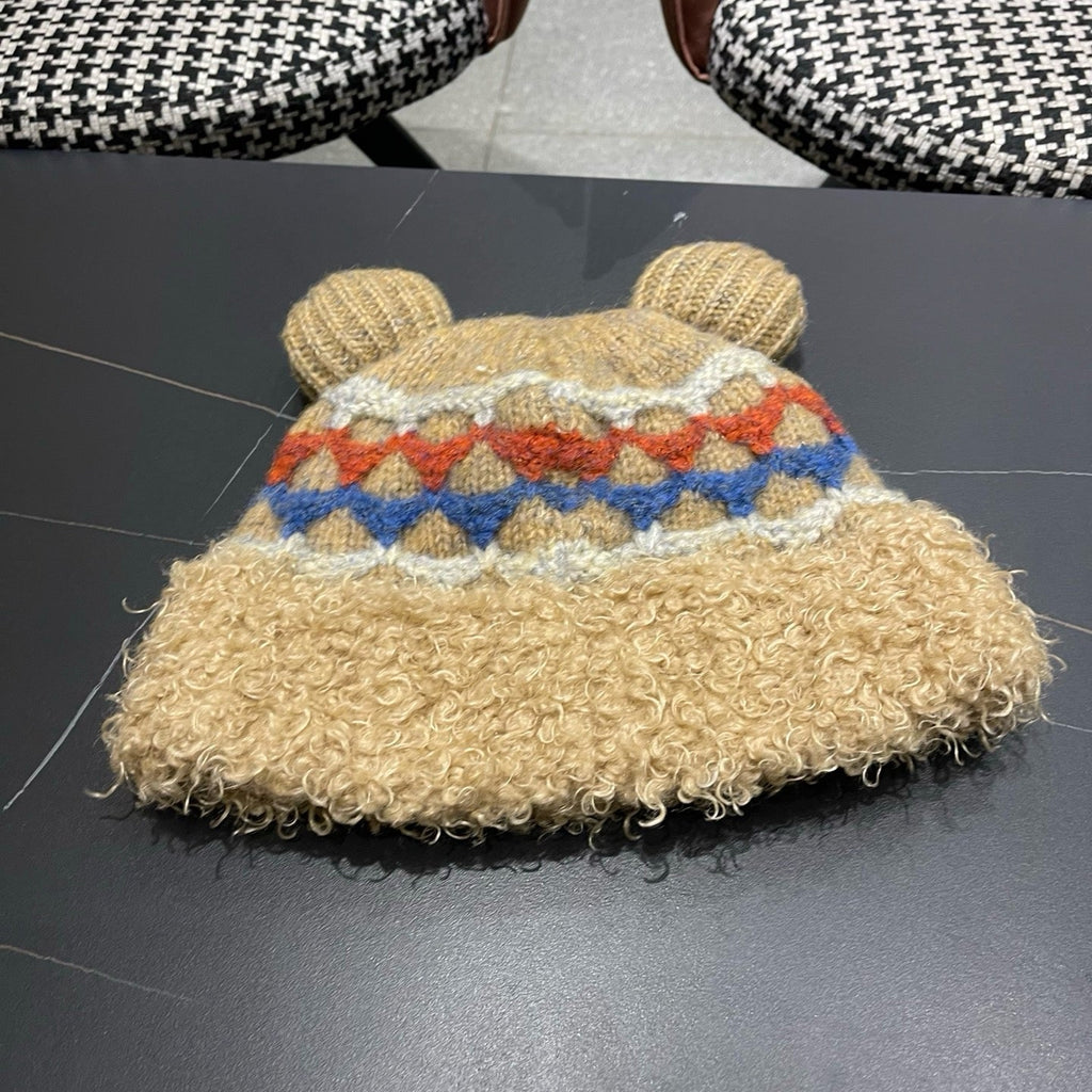 Prada 25 Cute Bear Ears Hat Brown Multicolor Knitted Woolen Fabric 125504